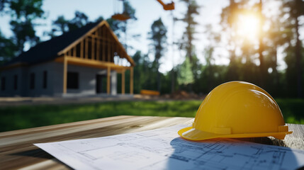Blueprints and a hard hat resting on a wooden table, with a house mid-construction and a crane lifting materials in the background