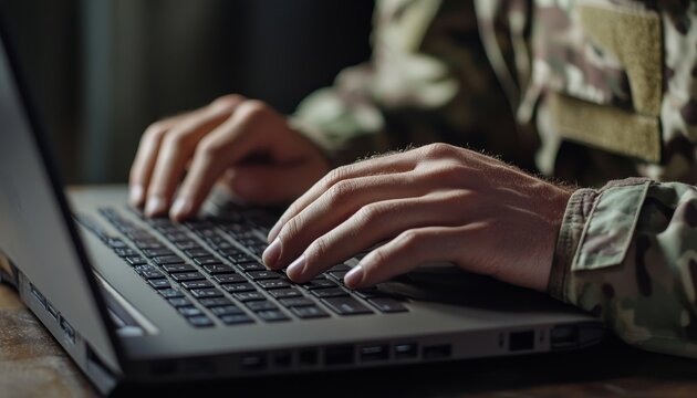 Close up of soldier s hands typing on laptop, capturing the essence of military technology use