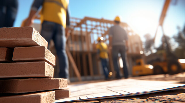 A construction scene where blueprints rest on a stack of bricks, while builders assemble the frame of a house in the background