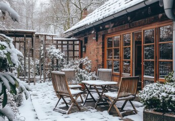 A wooden patio set with four chairs and a table covered in snow
