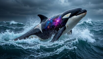 Orca breaching energetically in turbulent ocean waves under a cloudy sky