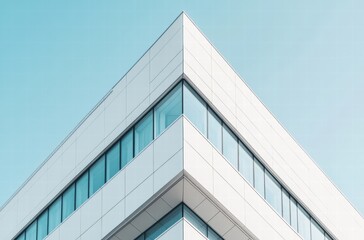 A tall building with a white facade and a blue sky in the background
