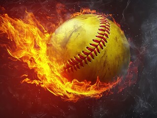 A yellow baseball with a red band is surrounded by flames