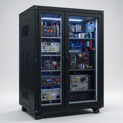 Black Server Rack With Glass Doors. Equipped With Connected Wires And Cables.