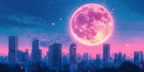 A city skyline Futuristic Cityscape Under Glowing pink Moon 