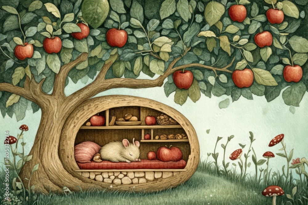 Poster cozy rabbit resting in a wooden burrow under a fruit tree surrounded by vibrant apples and mushrooms