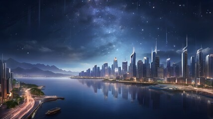 A bustling cityscape adorned with shimmering lights creating a captivating nocturnal ambiance under the stars
