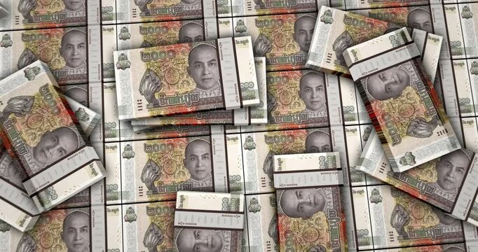 Cambodia money Cambodian riel banknotes 3d animation. 2000 KHR packs concept of inflation, economy, crisis, business, banking, debt and finance.