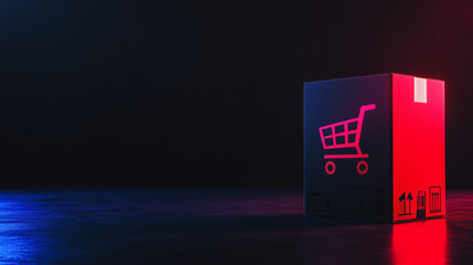 A single cardboard box with a vibrant shopping cart icon, set on a plain black background with dramatic lighting emphasizing its contours