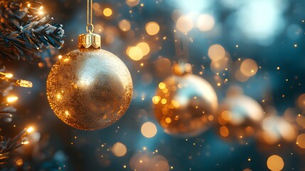Fototapeta premium Golden ornaments hang on Christmas tree, sparkling lights bokeh background, holiday card