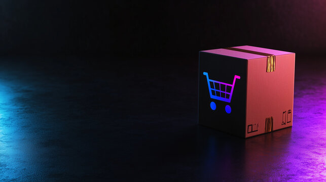 A single cardboard box with a vibrant shopping cart icon, set on a plain black background with dramatic lighting emphasizing its contours - Powered by Adobe