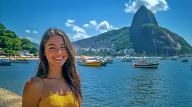 Young Brazilian woman enjoying sunset at Mureta Da Urca