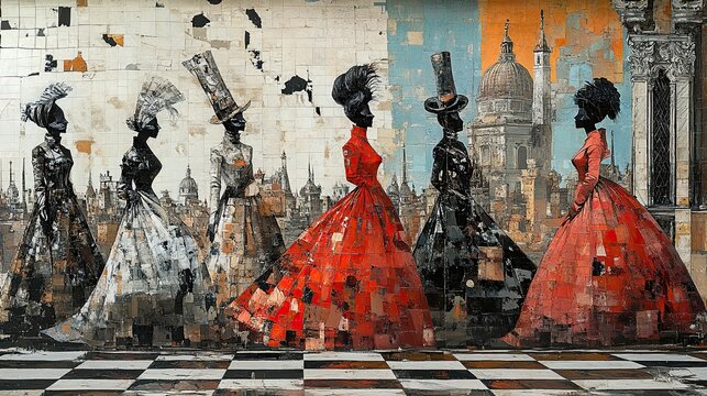 Abstract painting of women in long dresses.
