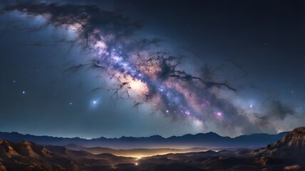 Naklejka premium A mesmerizing view of the luminous Milky Way galaxy’s core sparkling brightly in the vast expanse of the night sky 