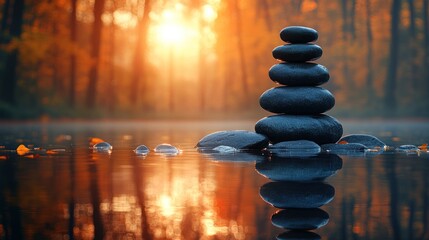 Obraz premium Autumn sunset, zen stones, calm lake, forest backdrop, meditation