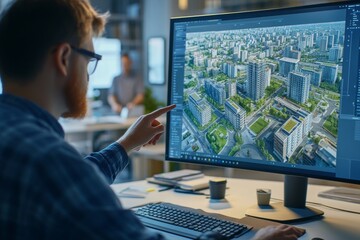 Engineer using bim technology to create a digital twin for urban construction project design.