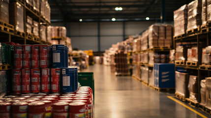 Obraz premium A warehouse floor filled with pallets of canned goods ready for distribution, with labels and barcodes visible on the packaging