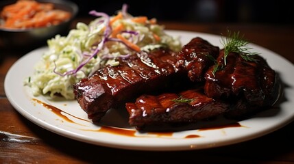 A photo of tangy BBQ ribs with coleslaw