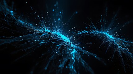 Obraz premium Abstract depiction of dynamic blue energy waves with splashes against a dark background.