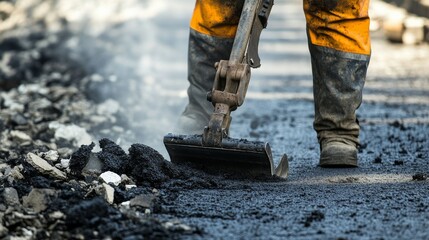 A construction worker using a jackhammer to break up old concrete for demolition and removal, Demolition preparation scene, Concrete removal style