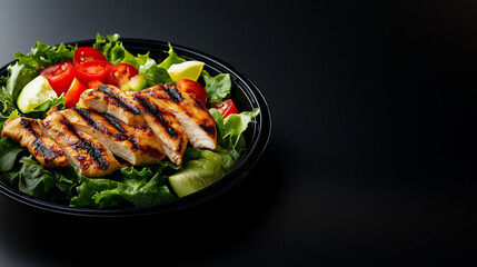 A premium packaged salad featuring grilled chicken strips and fresh vegetables, set on a glossy black surface for a modern aesthetic
