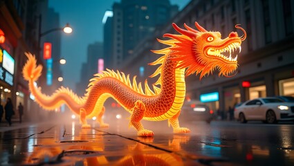 Obraz premium A fiery dragon with shimmering scales glides through a vibrant city skyline. 
