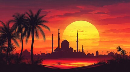 Obraz premium Majestic Mosque Silhouette at Sunset Over Palm Trees