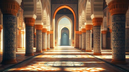 Sunlit Hallway Ornate Columns Ancient Architecture
