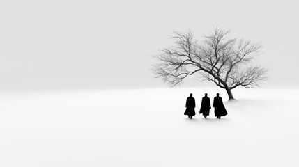 People strolling in a snowy landscape under a bare tree with ample copy space for text addition