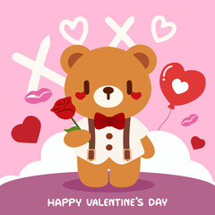 Adorable Teddy Bear with Rose and Heart Balloon for Valentine’s Day. Cute Valentine Bear in Bow Tie Holding a Rose.