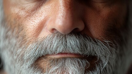 Close up of a mans face showing grey beard and mustache