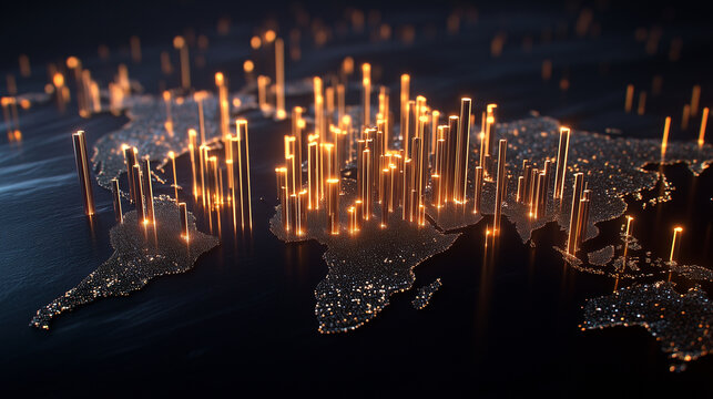 A complex 3D chart with glowing bars extending over a world map, with each section representing a different region's business growth