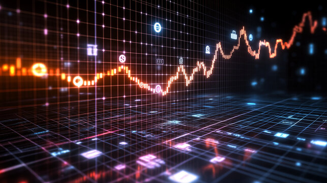 A glowing 3D graph with smooth upward movement, set against a grid background, with global currency symbols floating around to represent international business