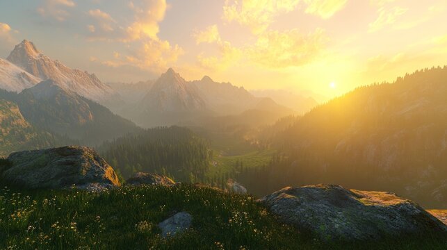 Panoramic sunrise over majestic mountains  golden sunbeams illuminate rugged peaks and valleys - Powered by Adobe