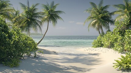 Obraz premium Tropical beach paradise, palm trees, ocean view, sunny day, vacation poster