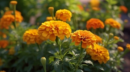 A photo of blooming marigolds in a garden.
