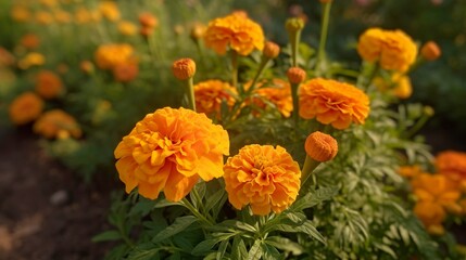 Obraz premium A photo of blooming marigolds in a garden.