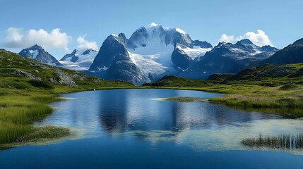 Naklejka premium Majestic Snow-Capped Mountains Mirrored in Serene Alpine Lake