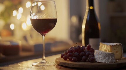 Romantic Evening with Red Wine, Cheese, and Grapes