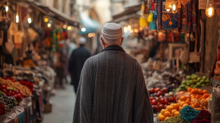 Obraz premium Man Walks Through A Vibrant Middle Eastern Market