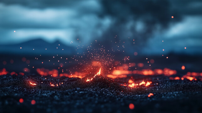 A bright red fire crackles and pops on the ground in a remote area, with glowing embers scattered across the soil as smoke drifts up to the sky