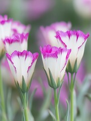 Obraz premium Pink and white flowers blooming in soft-focus garden setting.