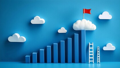 Minimalist blue bar graph with ascending bars, a ladder, floating clouds, and a red flag on the tallest bar,