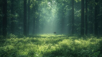 Fototapeta premium Sunlit forest path, lone figure, misty green.