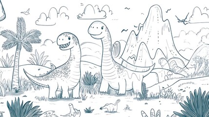 Dinosaur coloring page with two large dinosaurs and other smaller dinosaurs in a landscape with mountains and palm tree