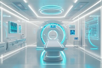 Futuristic medical diagnostic room with holographic displays and neon illuminated mri scanner