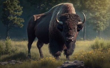 Bison in a Forest Clearing