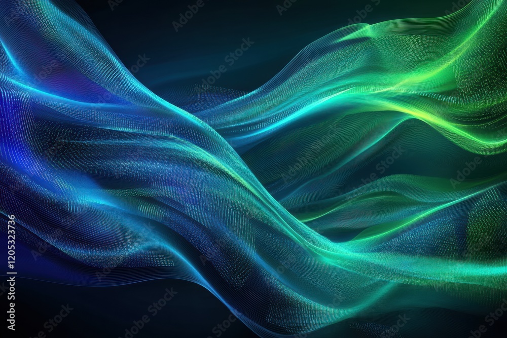 Fototapete Flowing waves of digital light create a mesmerizing abstract artwork in deep blue and green hues. Generative AI