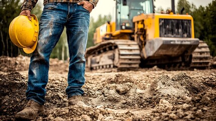 Construction Worker Holding Safety Helmet in Industrial Zone with Heavy Machinery