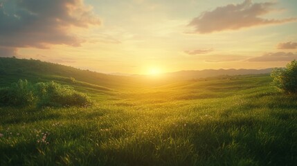 Obraz premium Stunning summer landscape with green hills and meadows at sunset in photorealistic style